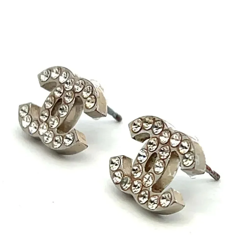 CHANEL CC Logos Rhinestone Stud Earrings Silver Tone